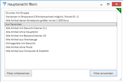 Menü zum Auswählen gespeicherter Filter